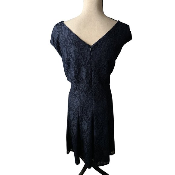 Lauren Ralph Lauren Navy Lace Evening Dress Midi Cap Short Sleeve Waist Size 18 - Picture 6 of 9